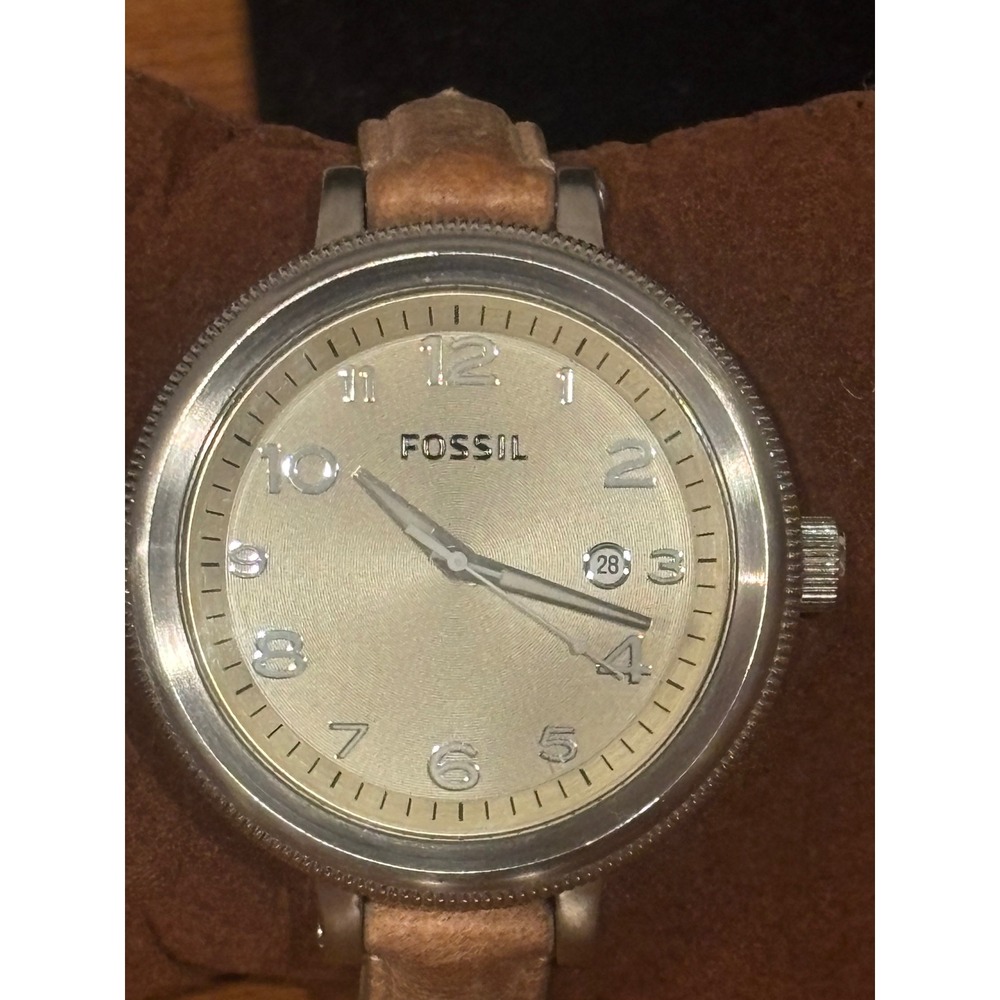 Fossil AM-4391 Women Watch Stainless Steel Tan Leather Band Date Window 10 ATM
